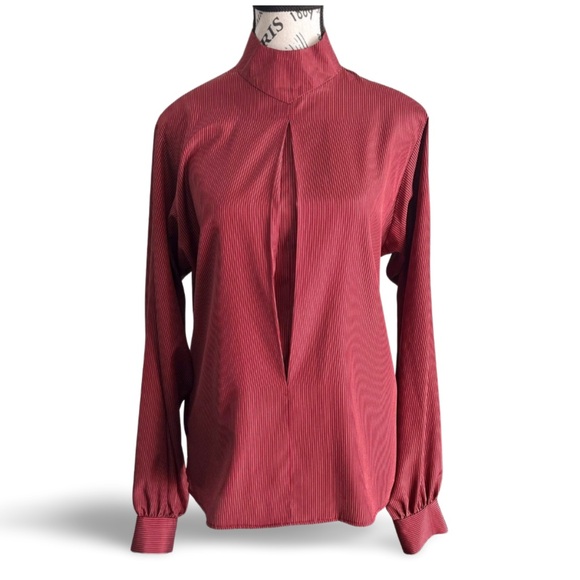 Vintage Tops - 70s Vintage Deep Red Pinstripe High Neck Blouse Western Tailoring Minimalist S
